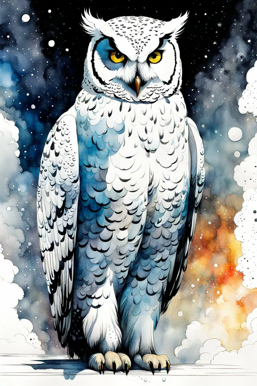 ink wash and watercolor full body illustration of a hybrid Snowy Owl girl with highly detailed feathers and facial features in the comic book style of Bill Sienkiewicz and Jean Giraud Moebius, with a fine art aesthetic, highly detailed , 4k UHD cinegraphic quality