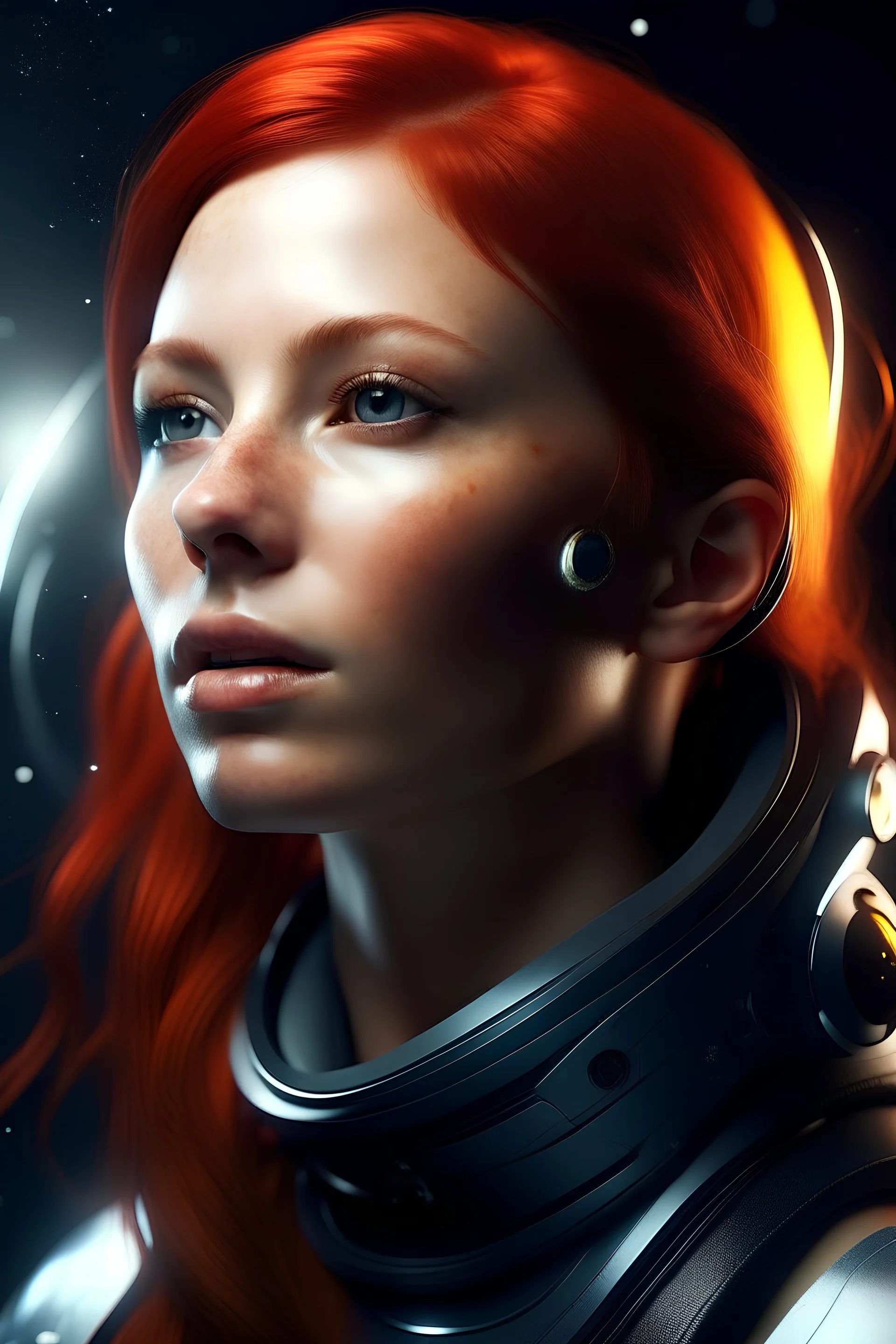 cosmos woman, redhair, photorealistic, wet skin, space uniform, tanned skin