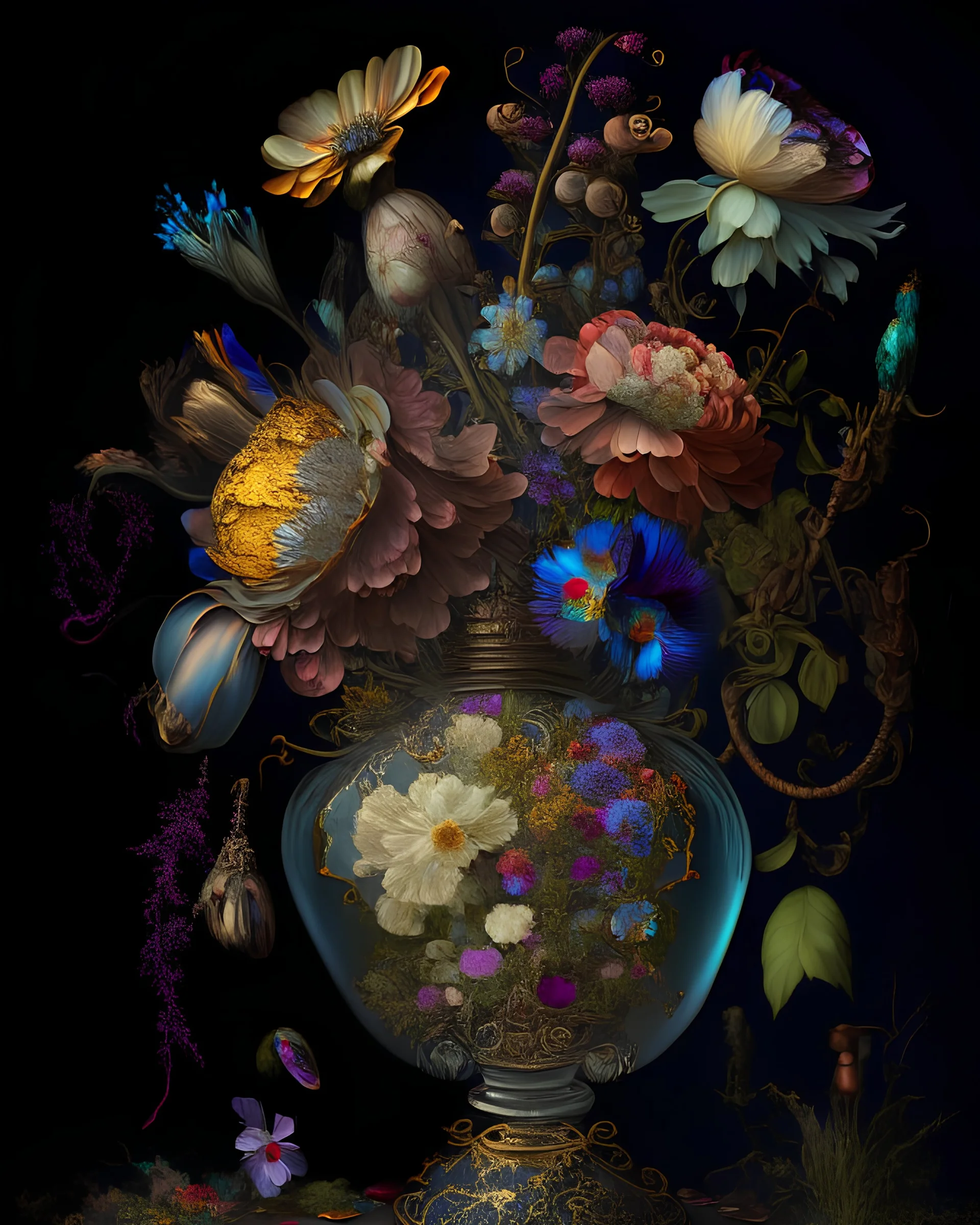an ultra 8k detailed painting of many different types of steampunk flowers in a steampunk crystal vase by John Constable, Rachel Ruysch, generative art, intricate patterns, colorful, photorealistic