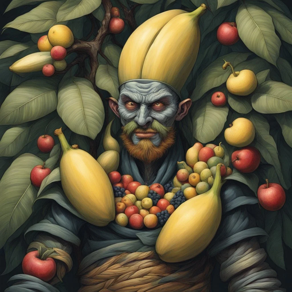 [art by Giuseppe Arcimboldo, mexican comics Head Lopper style by Andrew MacLean] a ninja hidden in a giant banana with fruits all over his face, hidden by fruits, in a tree, only his eyes can be seen,