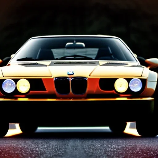 fullbody classic style concept BMW M1 3/4 Front View, retro design study, classic steel wheels, toned colors, art by cheryl kelley