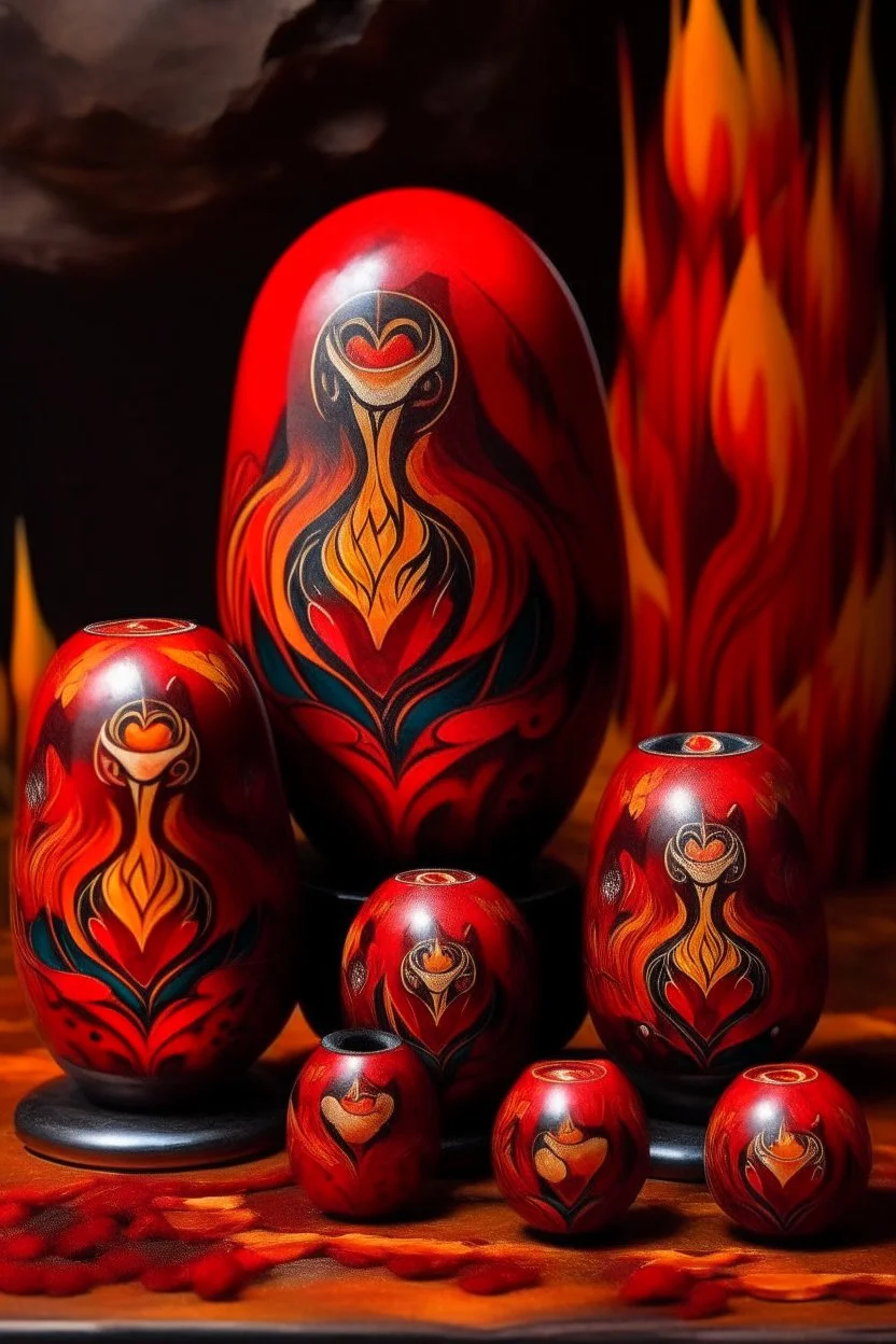 A dark red fiery underground mine with a phoenix designed in Matryoshka nesting dolls painted by Wassily Kandinsky