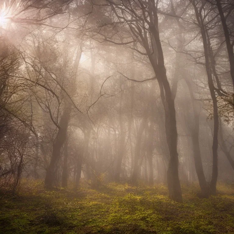 ultra high resolution, misty forest in spring at sunrise with warm light rays, highly detailed, intricate, 8k, unreal engine, hr giger, long shot, cinematic, vibrant, colorful