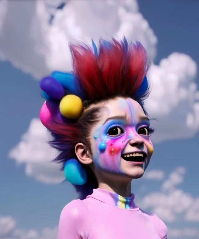 Ultra realistic speed clouds sky scene, wide angle view, sweet childs falling down, inflatable color clothing, free jumping flying, many trinkets, monster hair, hair monster, many jelly beans, balls, smile, happy, circus style, extreme, wind, clouds sea, 20,000 feet altitude, stratosphere, soft color, highly detailed, unreal engine 5, ray tracing, RTX, lumen lighting, ultra detail, volumetric lighting, 3d, finely drawn, high definition, high resolution.