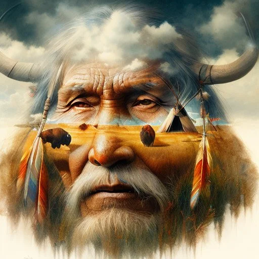 The old Cherokee man of the Great Plains, double exposure Cherokee mans face formed by a Teepee in a grass plains with Buffalo, watercolor by Jean-Baptiste Monge and Yossi Kotler, Modifiers: sharp focus extremely detailed intricate oil on canvas portrait hyperrealistic high definition crisp quality