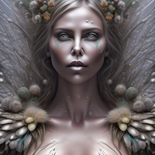 Charlize Theron, woolitize, rusty metal, feathers, Dryad, fae, sidhe, ominous, nature, plants, wildflower, facepaint, dnd character portrait, intricate, oil on canvas, masterpiece, expert, insanely detailed, 4k resolution, retroanime style, cute big circular reflective eyes, cinematic smooth, intricate detail , soft smooth lighting, soft pastel colors, painted Renaissance style