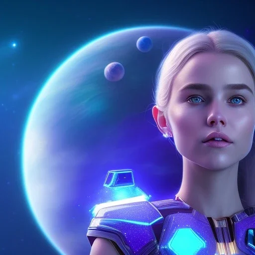 A portrait of a transparent crystalline girl,smiling, longs blond hairs, green eyes, galactic dress, atmospheric, realistic, cinematic lighting, octane render, purple and blue sky, nebula, stars, planets in background, spaceship in background