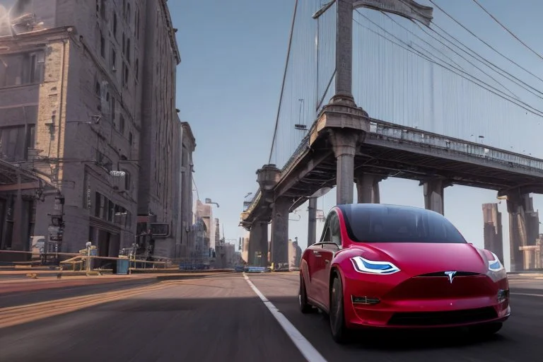 A Tesla 'Semi' (semi truck) is going at a high speed, near the 'Pier 11' in Manhattan. (CINEMATIC, WIDE ANGLE LENS, PHOTO REAL)