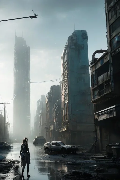 Girl post-apocalyptic in a cyberpunk city, realistic, intriacte detail, sci-fi fantasy style, volumetric lighting, particales,highly detailed,cinamatic, deep