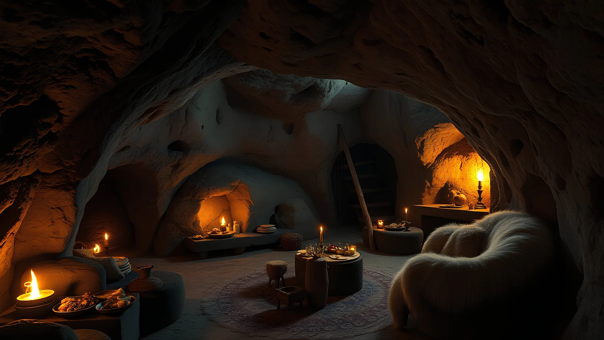 204, Inside a luxury ancient Neanderthal cave dwelling underground, beautiful furs, stone furniture, oil lamps, food and drink, primitive affluence, chiaroscuro, color, award-winning colour photograph, beautiful composition, detailed, realistic, confident beauty, strange, primitive luxury