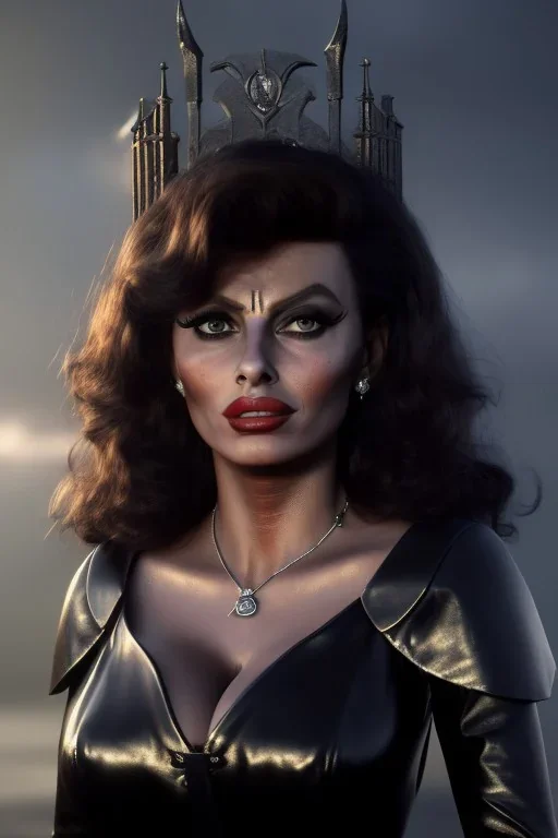 young sophia loren as evil queen in black leather, angry, stern look, volumetric lighting, particales,highly detailed,cinematic, deep colours,8