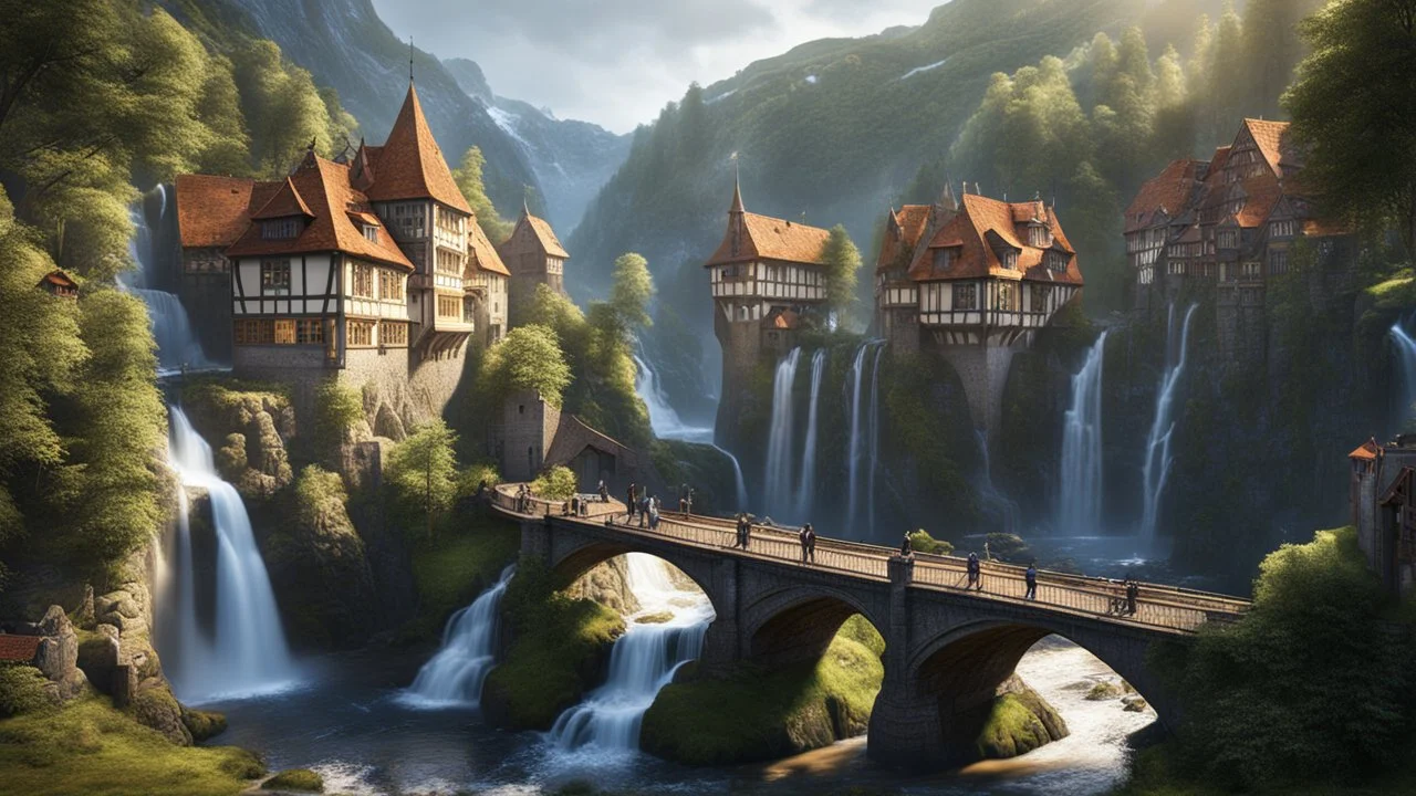 a medieval danish city at the foot of multiple waterfalls at the end of a steep, narrow, 3.000 foot tall ravine. a masterpiece, fantasy concept art, dynamic lighting, hyperdetailed, intricately detailed, deep color, Unreal Engine, volumetric lighting, Epic cinematic brilliant stunning intricate meticulously detailed dramatic atmospheric maximalist digital matte painting. CAMERA: Nikon Z7 | FOCAL LENGTH: 105mm