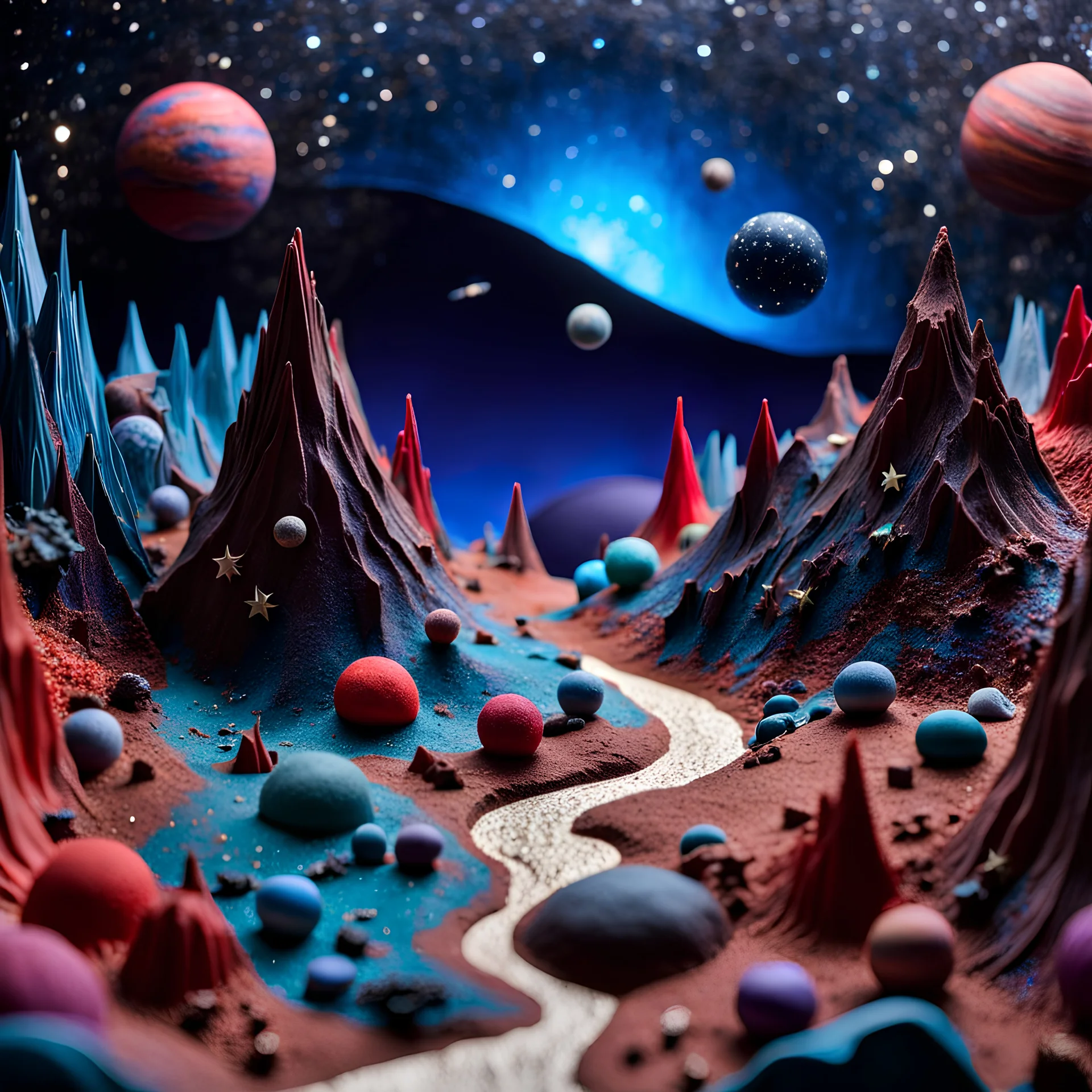 Detailed creepy landscape made of modeling clay, stars and planets, Roger Dean, Tim Burton, strong texture, Ernst Haekel, extreme detail, Max Ernst, decal, rich moody colors, sparkles, bokeh, odd