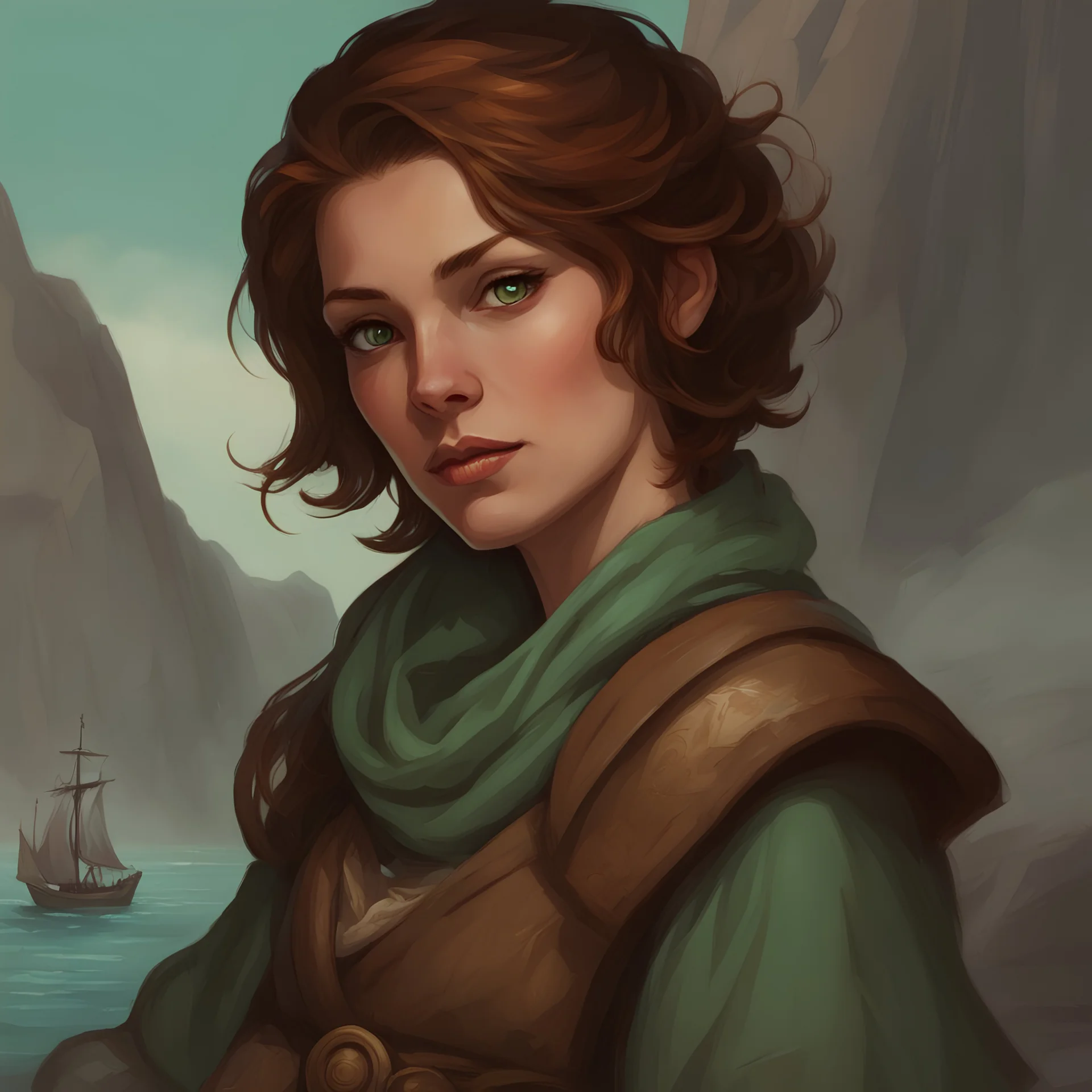 portrait; solid background; dungeons and dragons; human; female; short brown hair; sea green eyes; the fathomless; clothes for sea travel