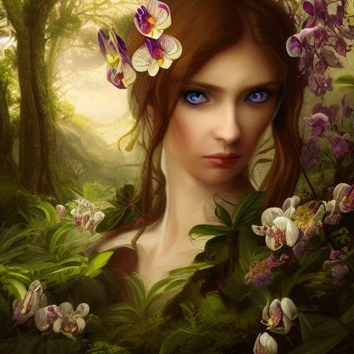 fae, nature, orchids, dnd character portrait, insanely detailed, 16k resolution, perfect blue eyes, round pupil, cinematic smooth, intricate detail, painted Renaissance style