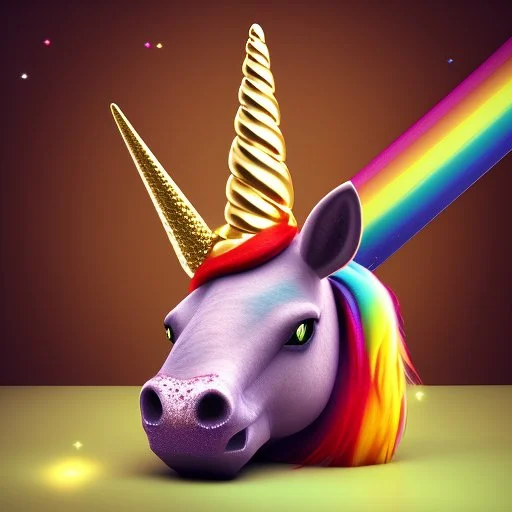 chocolate unicorn with rainbow horn with sparkles with a bell on his neck, really cute, detailed, RTX, fantasy, 8K