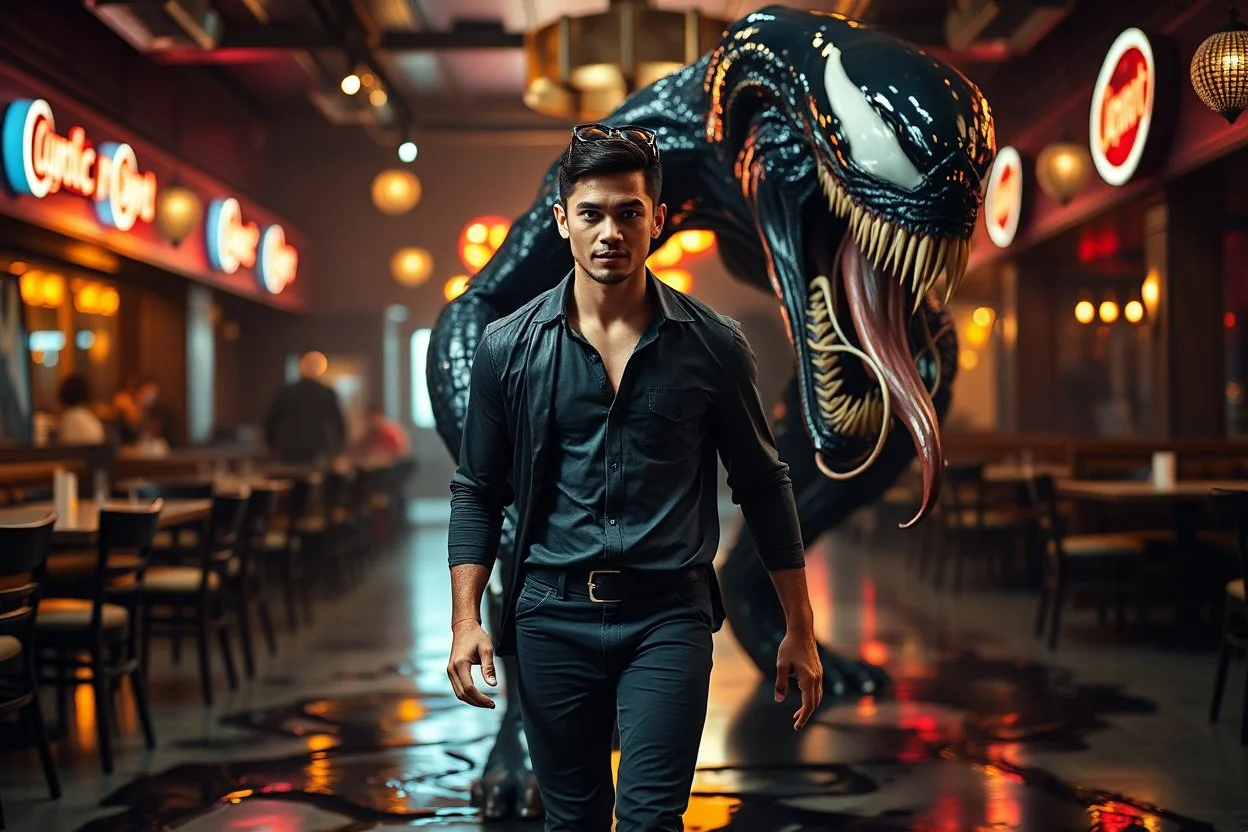 A confident young man walking forward inside a dimly lit restaurant, half-transformed into a Venom-like symbiote creature. Sleek black alien tendrils wrap around his body, merging with his clothes and skin. Behind him looms the massive Venom creature, glossy black texture, giant open mouth, sharp teeth, long dripping tongue, dynamic pose. Dark cinematic lighting with warm bokeh lights in the background, neon signs glowing softly. The floor is covered with reflective black symbiote liquid spreadi