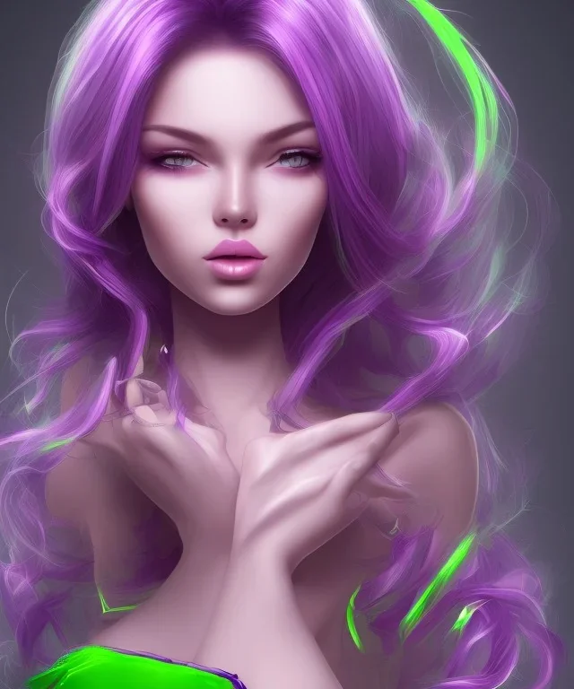 cute purple haired human girl with bright green eyes wearing purple/pink dress