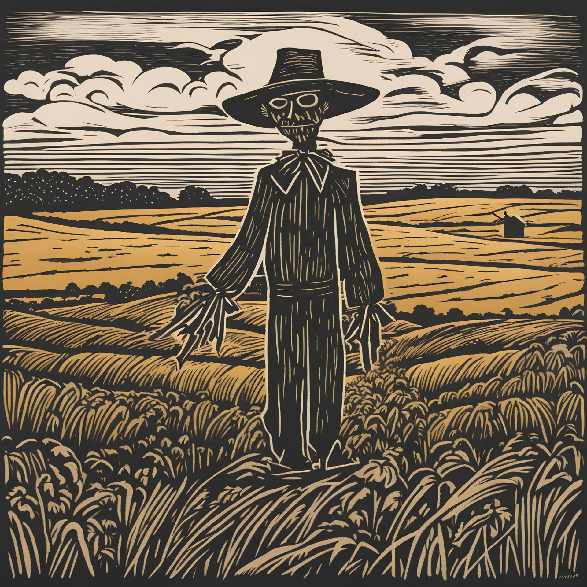 A scarecrow in the Welsh field painted by a fine linocut