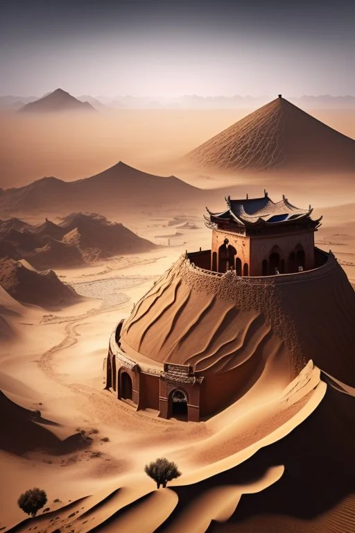 ancient, chinese town, fantasy, desert, dune, sand storm, crater