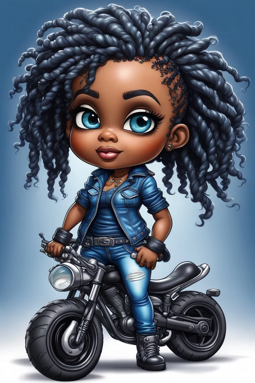 create an airbrush illustration of a chibi cartoon voluptuous black female wearing a blue jean outfit with biker boots. Prominent make up with hazel eyes. Extremely highly detail of a short and shiny twisted dreadlocks. Background of a bike show.