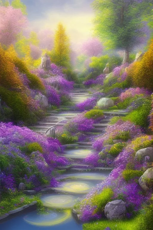 garden sky field trees river pools gold white purple stairs