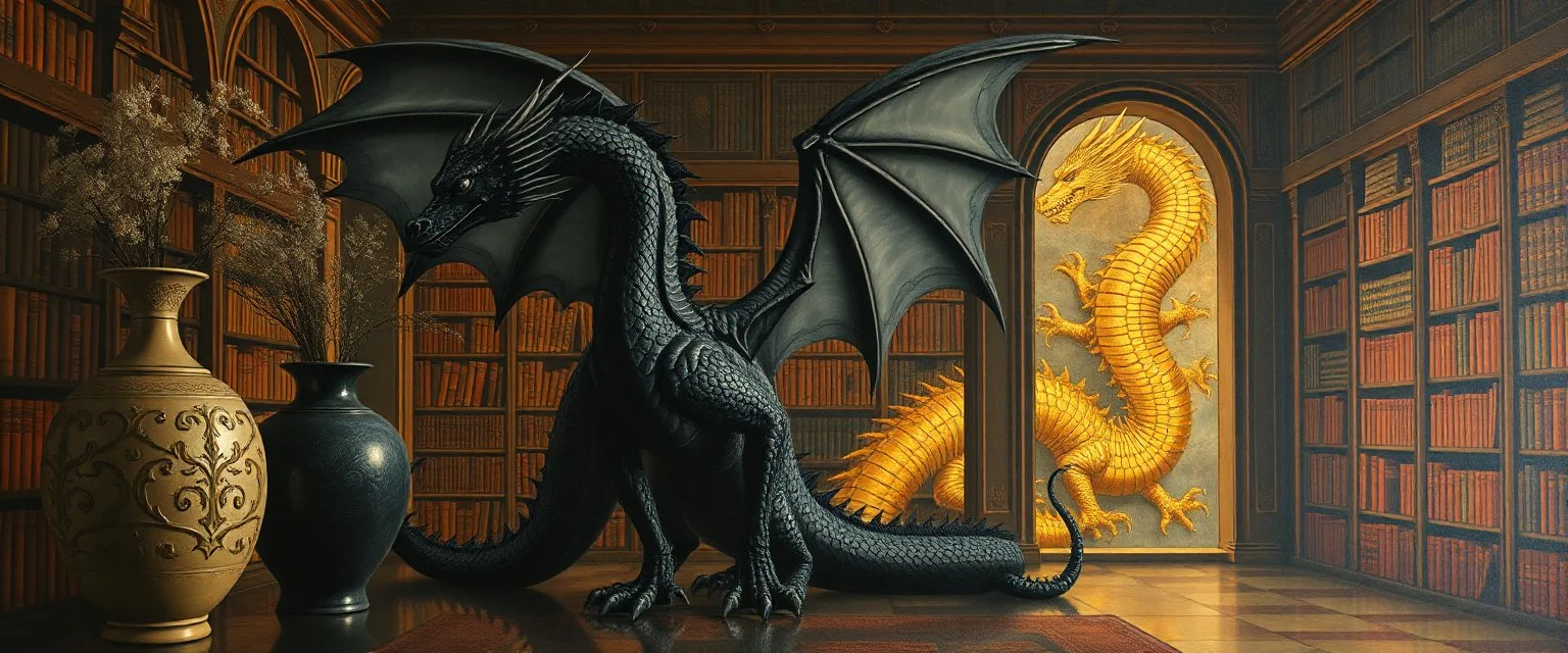 master oil painting by Escher and Giger, glaring vases and black dragon and hidden golden dragon inside library