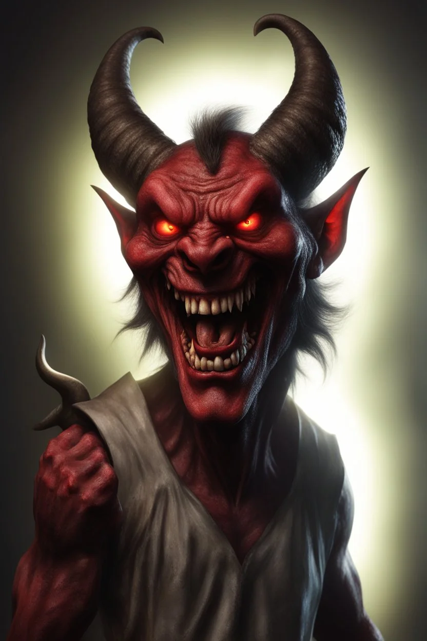 A realistic ghoulish laughing devil with glowing eyes and horns, leaning forward at an angle as if over someone's shoulder, facing right, holding a large sign that says "SOLD" in clear letters. No humans, no extra subjects, cinematic horror lighting.