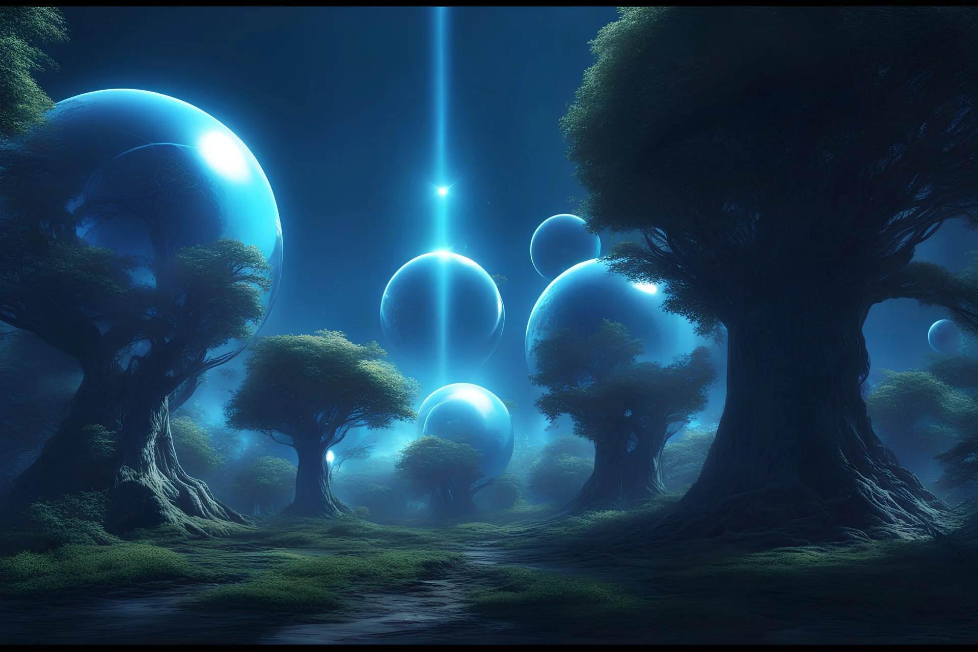 futuristic landscape, uninhabited planet, shiny transparent domes, several suns, magnificent blue light, magnificent trees and nature