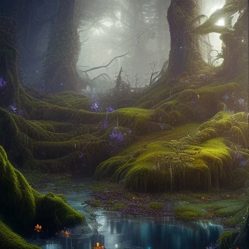 Dark fantasy concept art, dynamic lighting, Intricately detailed, Splash screen art, deep color, Unreal Engine, volumetric lighting, blue flowers, moss, leather, creek, flowing water, fantasy dark forest artwork,