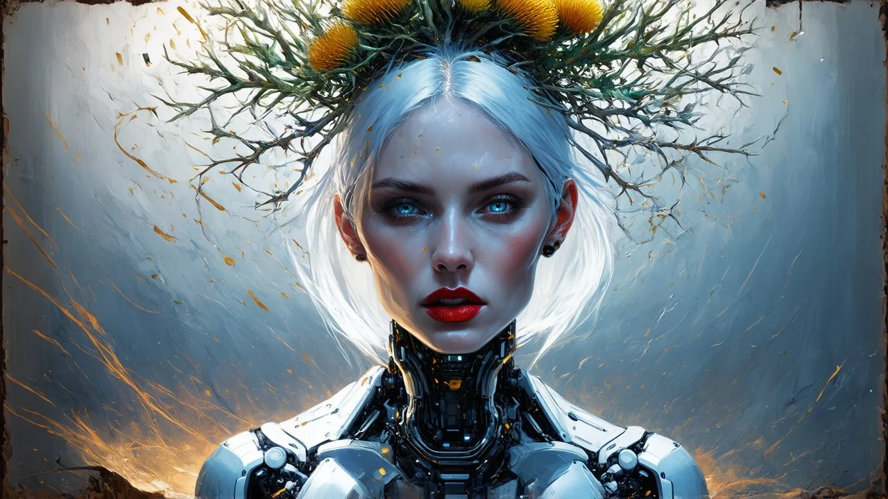 old worn paper, Ethereal bald white woman with thorns, thistles and plant roots on her head, cyberpunk biomechanics digital painting depicting a glowing woman with robotic features, combining human and artificial elements in a gripping sci-fi scene with intricate details and a cinematic atmosphere. Red lips, gold fragments, silver particles, wind, swirls, glare, glow from within, 8K, fine rendering, high detail, hyperrealism, high resolution, multi-layered, hyperdetail, hyperfocus,