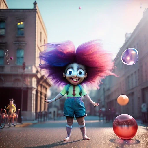 Ultra realistic circus scene. Sweet big hair monster flying. Child’s playing, smile, happy, color bubbles, smooth color, waist up view, Wes Anderson style, a lot of people background, highly detailed, concept art, unreal engine 5, god rays, ray tracing, RTX, lumen lighting, ultra detail, volumetric lighting, 3d, finely drawn, high definition, high resolution.