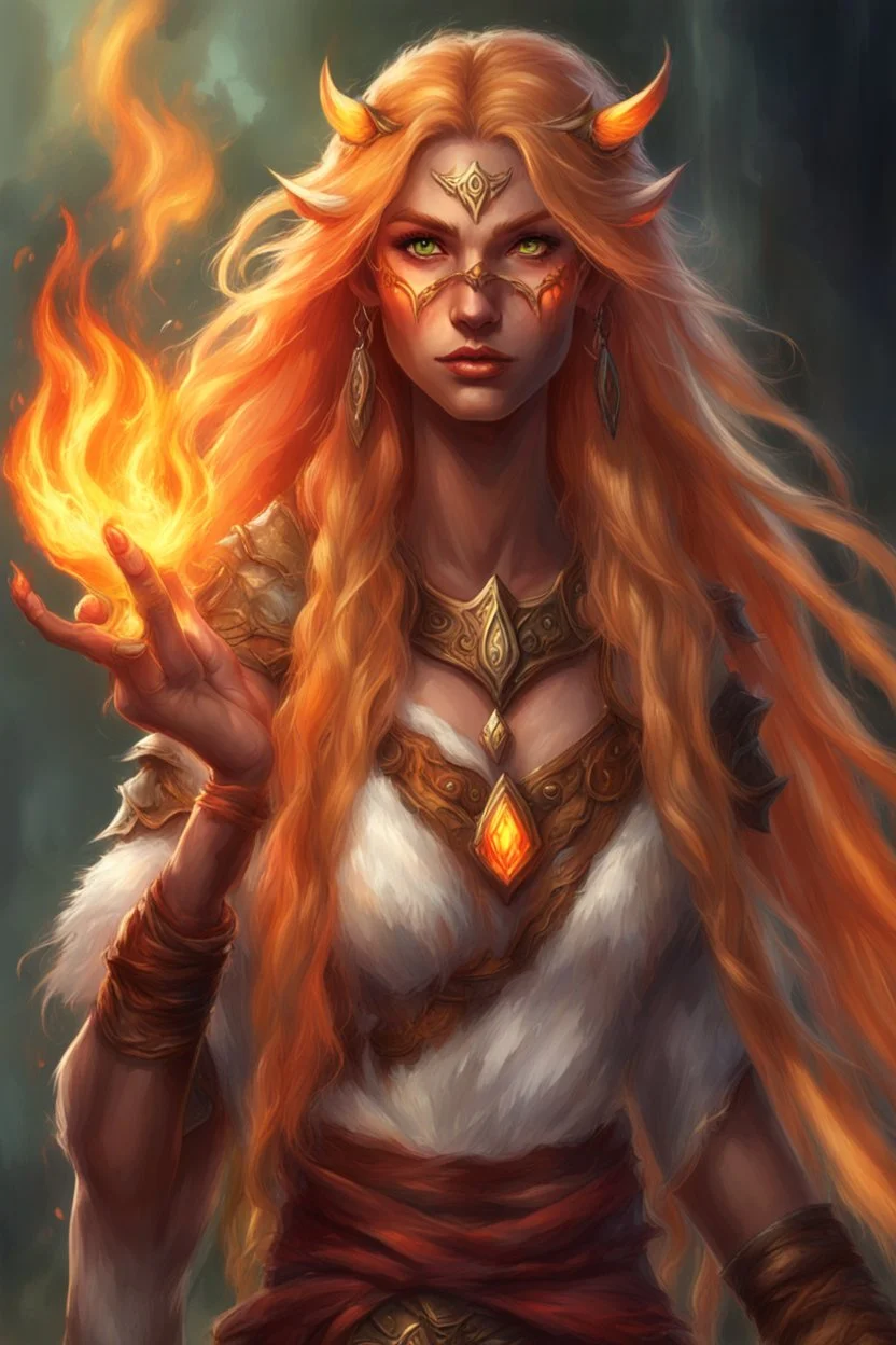 Female eladrin druid with fire abilities. Fire textured long golden hair. Tanned skin. Big red eyes with touch of fire . Has one big scar on the face and over the chest.