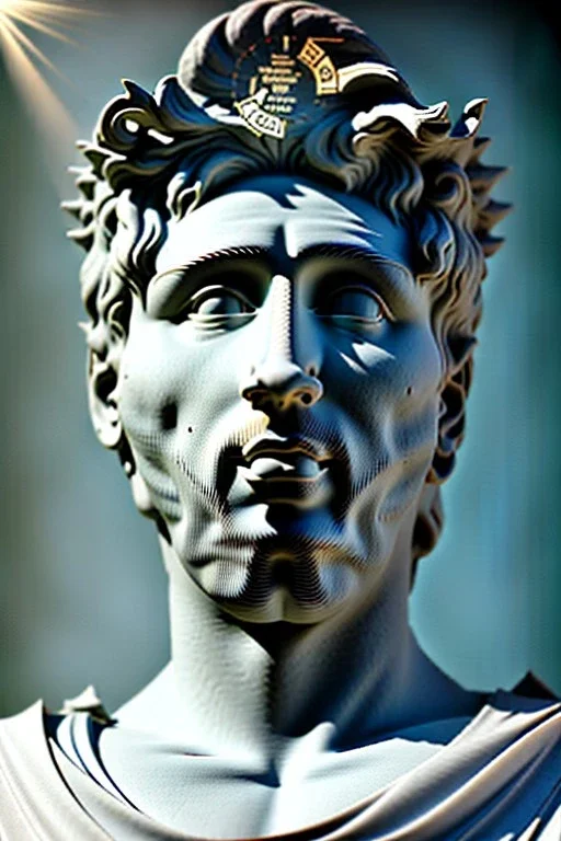 Ultra Realistic image, Roman sculpture, white marble material, Lionel Messi, sun radial crown, chisel style, waist up portrait, epic, celestial, cinematic lighting, God light, god rays, 4k resolution, smooth details, ornate details, soft lighting, unreal engine 5, marble background.