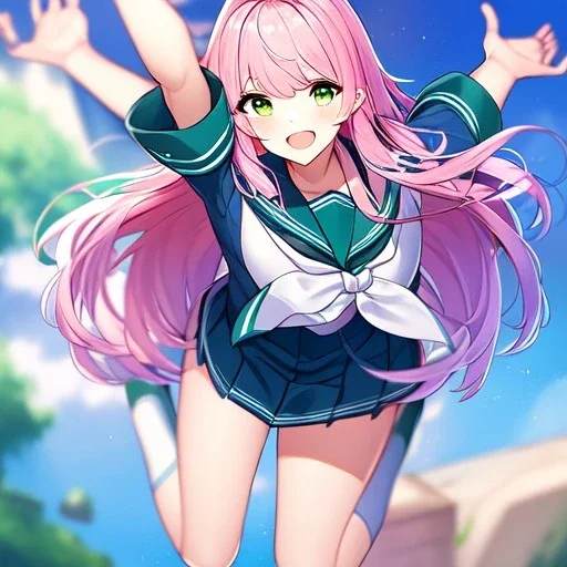 Clear focus,8k,Beatiful Lighting,Detailed, pink long fluffy hair, long fluffy bangs, green eyes, wearing a sailor uniform, jumping, happy