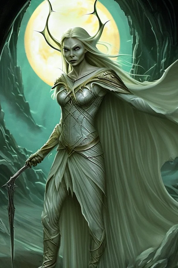 Galadriel strode into the midst of the filthy orc host, golden hair flowing around her like a mantle of light. Her gleaming blade flashed in the gloom of the dank cave as she cut a swath through the foul creatures. Black blood spurted from severed limbs and clove heads. Orcs shrieked and fled before her terrible form - the wrath of the Eldar kindled to white-hot flame.