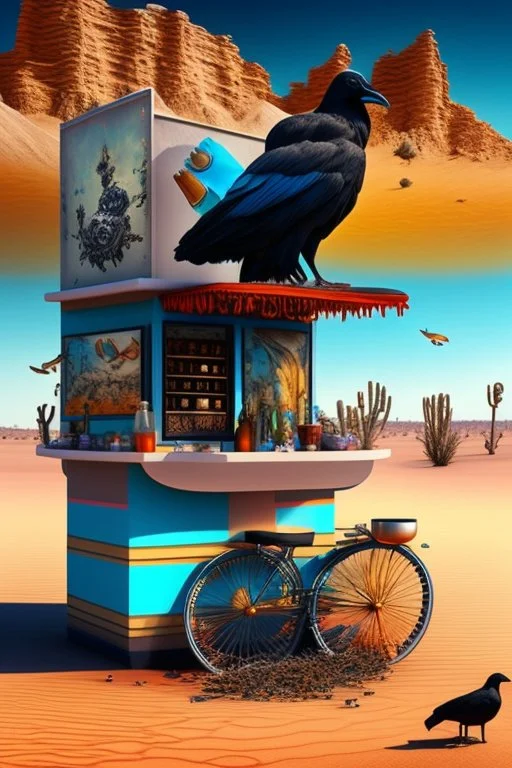 abstract scene of an astraunot in the desert drinking tea, an ice cream stand, broken tricycle,.dead fish, black crow, a cow and a skull, hyper realistic, 8k quality, striking colours, chaos80,