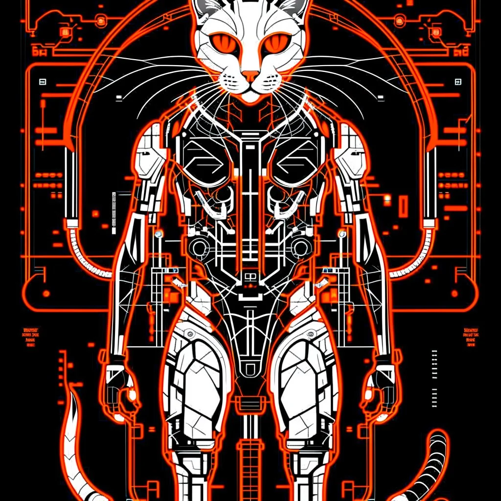 Ilustración cómic lineal de cat cyberpunk color blanco anaranjado y negro full body