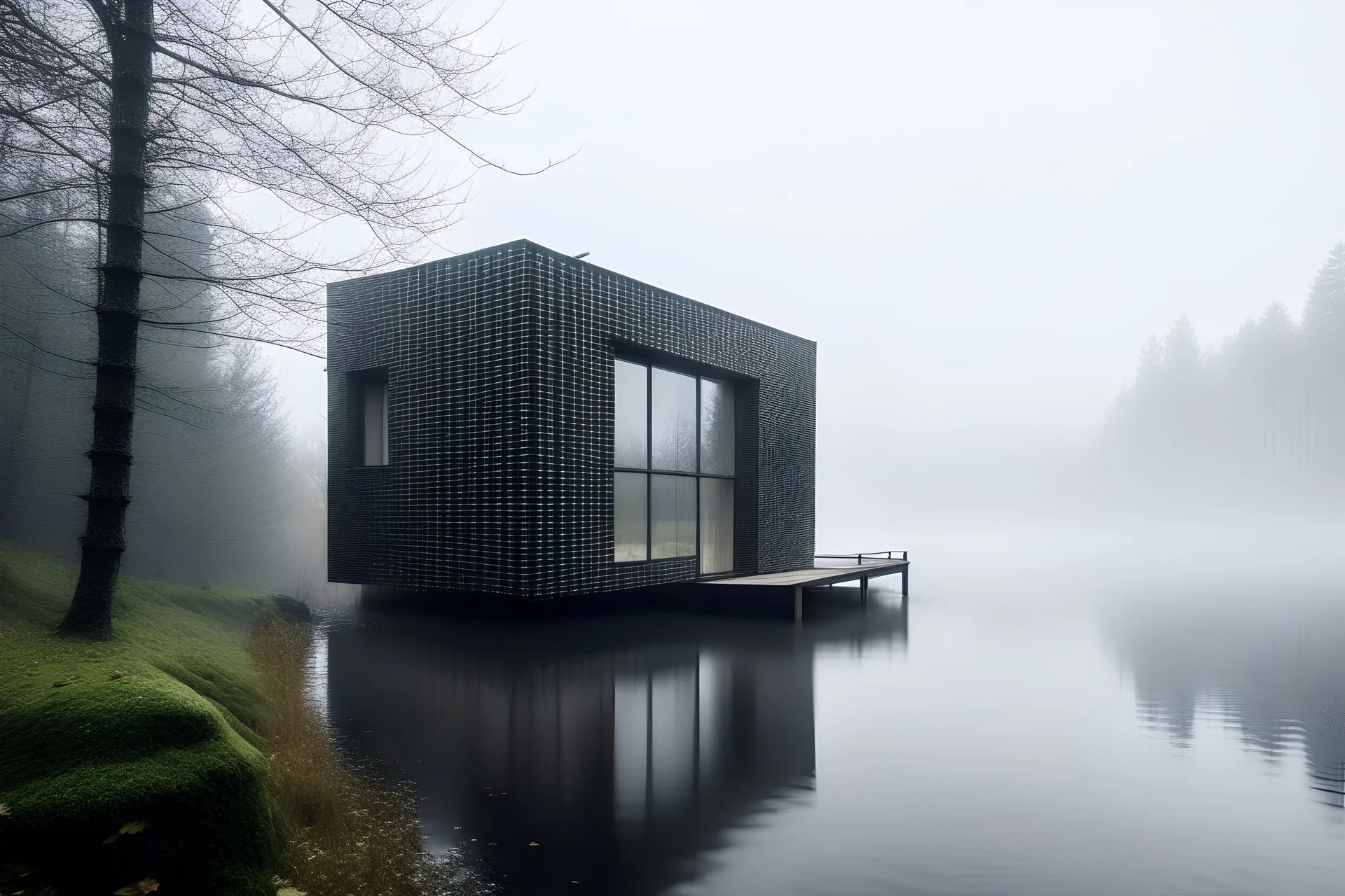 haus am see, modern, grosse fensterfront, schindel fassade, neblig