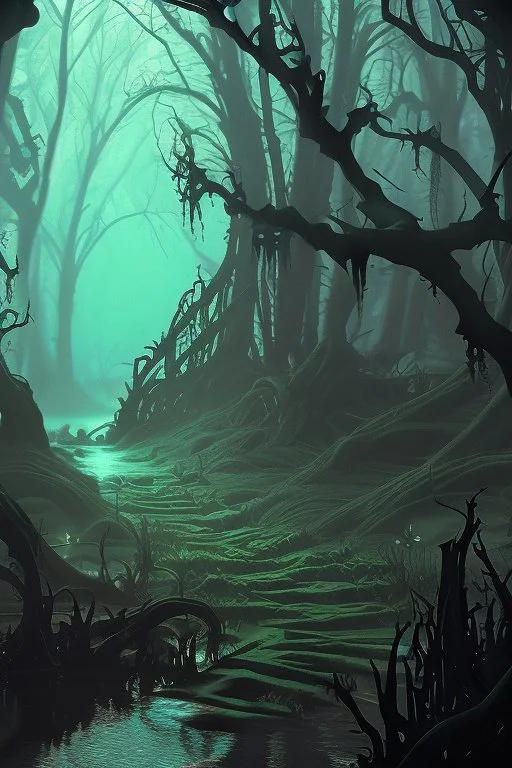 dynamic lighting, Intricately detailed, Splash screen art, deep color, Unreal Engine, volumetric lighting, dark fantasy artwork, dark swamp artwork, fantasy swamp artwork, cottage, night,