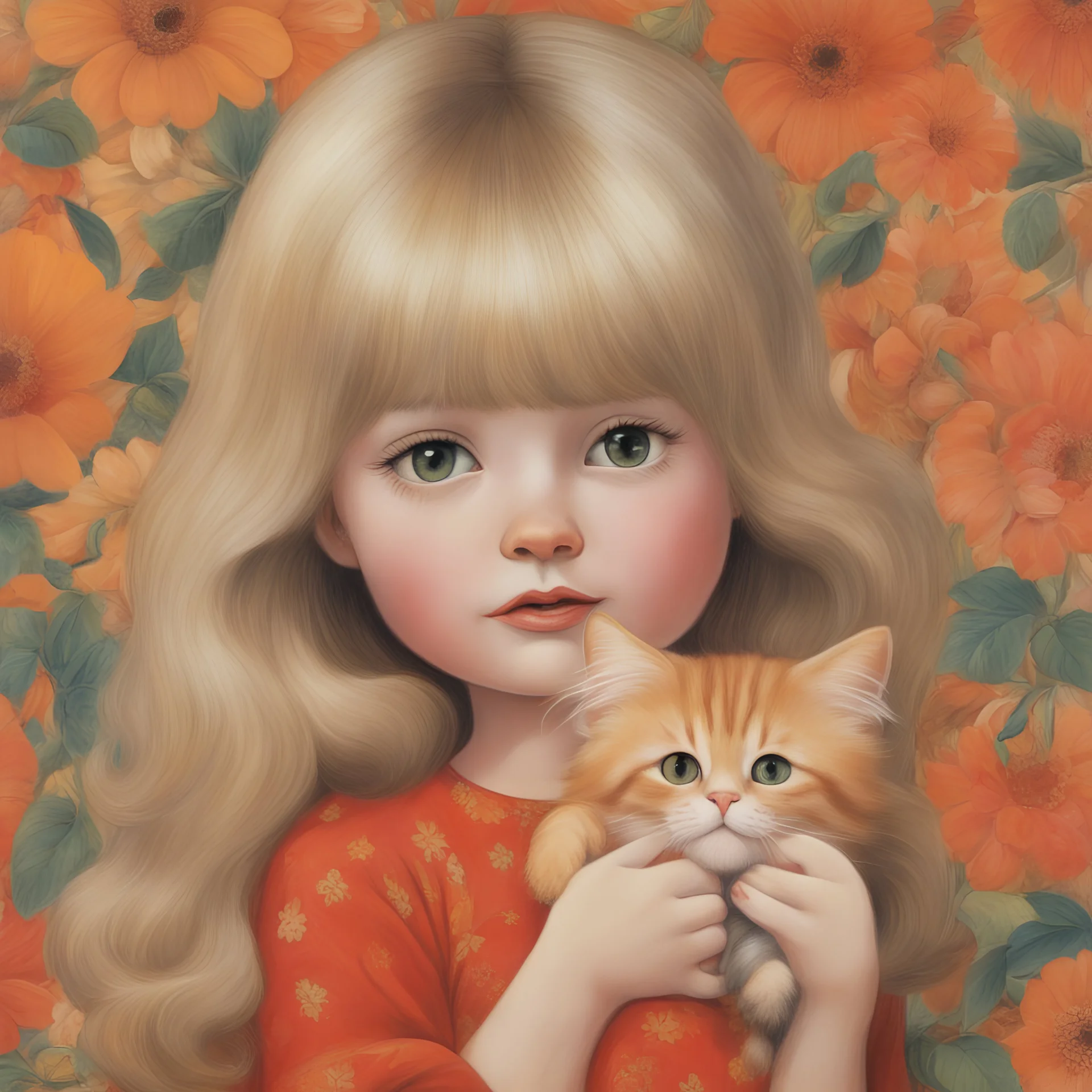 1970s, blond Little girl in red, long hair parted in the middle, hugging an orange cat, singing in the style of Margaret Keane, huge brown eyes, flowered wallpaper,