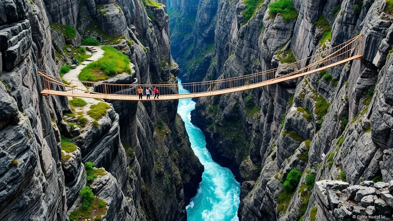 In a fantasy world, a deep gorge with vertical stone sides has a tumultuous river flowing at the bottom. At ground level, above the gorge, a rope bridge has been constructed to span across the gorge. People are walking across the bridge. The scenery is awe-inspiring. Colour photograph.