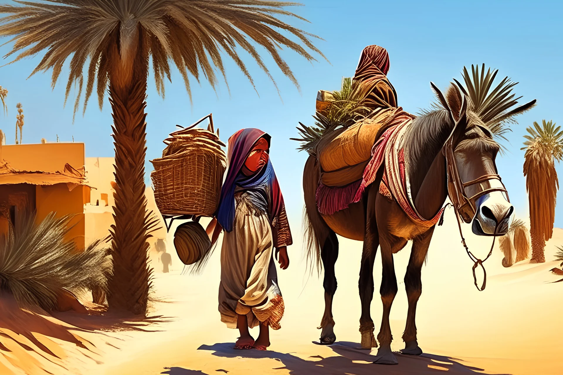 a young girl with a child rides a donkey through the desert, an old man loaded with goods walks nearby. Hot sun, palm trees,