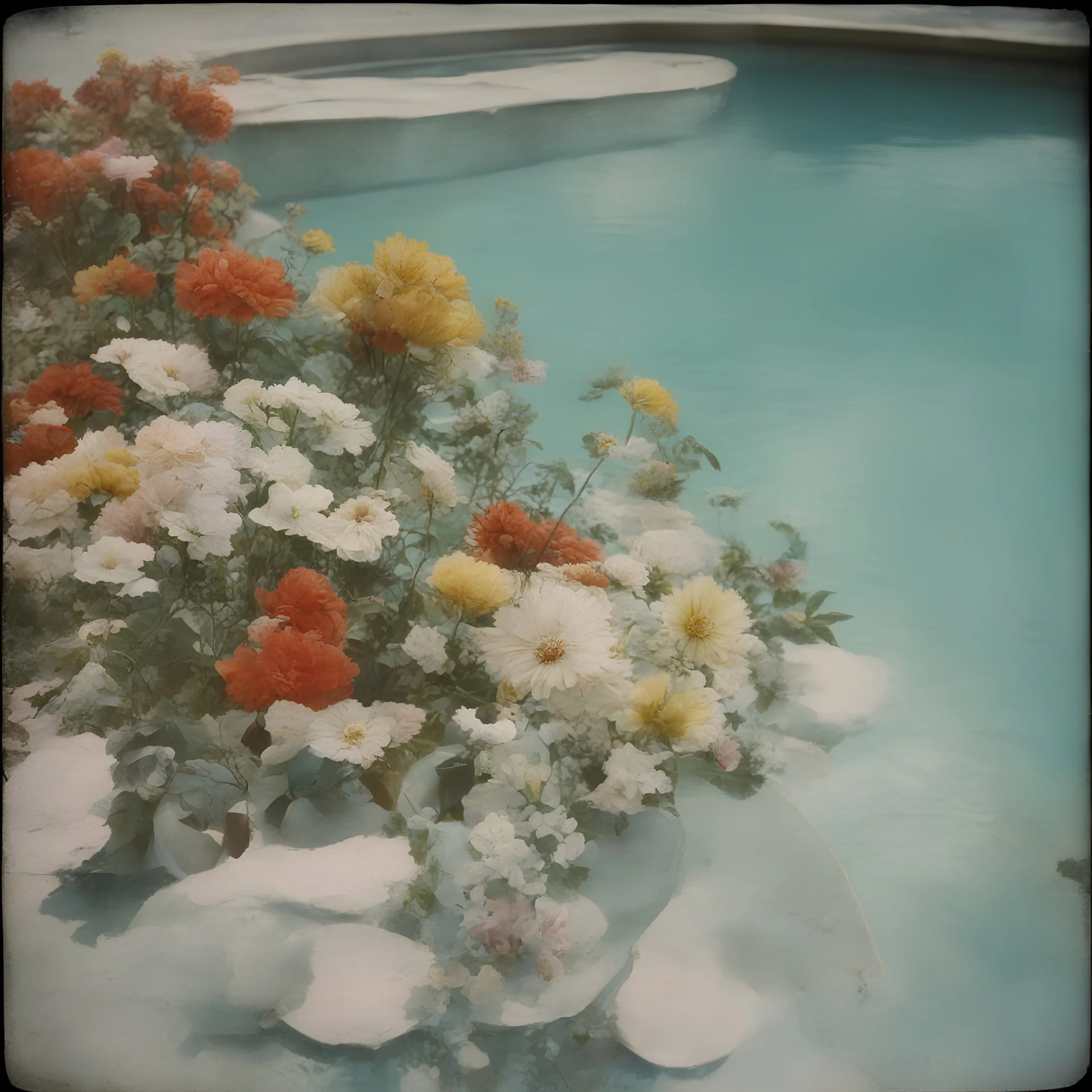 Stock flowers in a swimming pool, autochrome