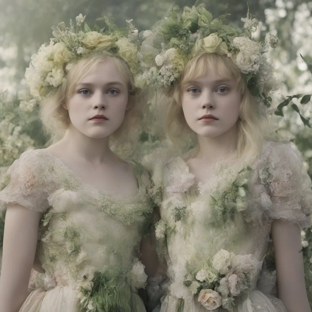 Elle fanning and dakota fanning as flowers, green, in 1924