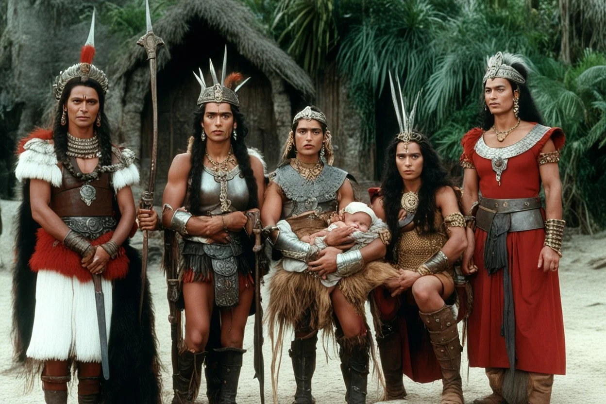 [photo from the TV series Sandokan (1976)] Barbarian Diplomacy for a birth led by three viking women in armour, with no inhibitions. Frida Kahlo with a baby is between them.