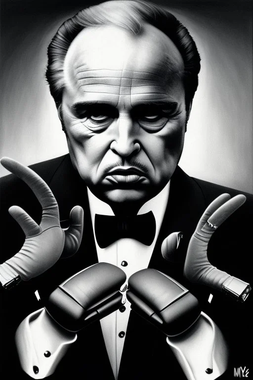 marlon brando as the mafia godfather wearing gloves, balcony on casino top floor, 4k, trending art, weird perspective, realism, spray paint, detailed