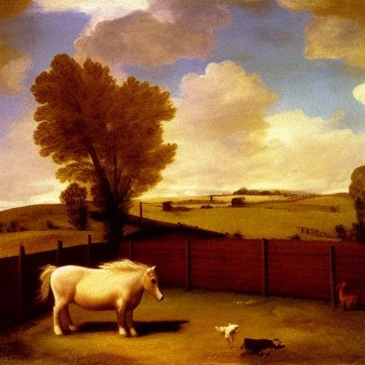 shetland pony, fence, field, oil painting, by Nicolas Poussin