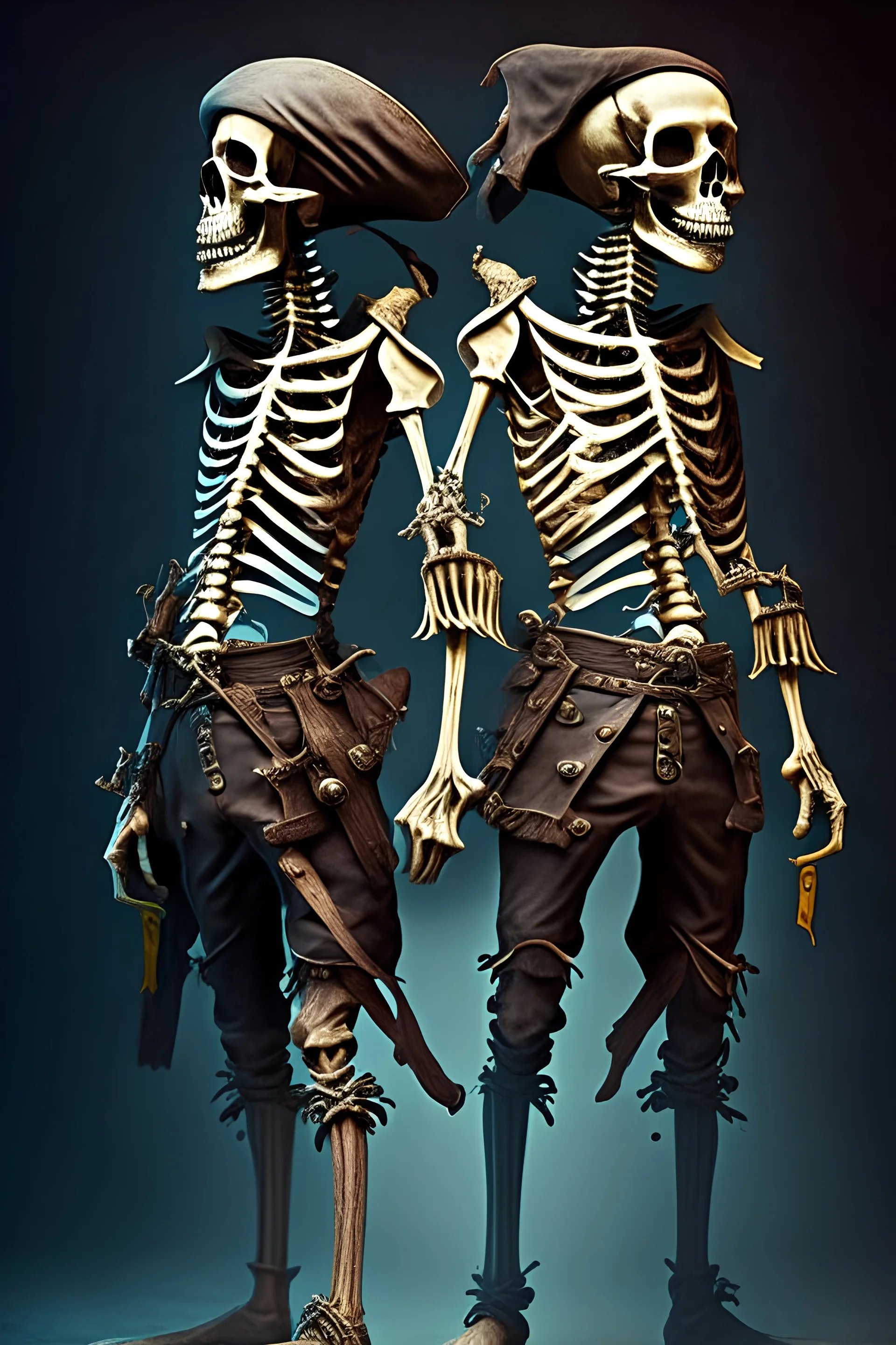 Two pirate skeletons standing back to back, realistic, album cover