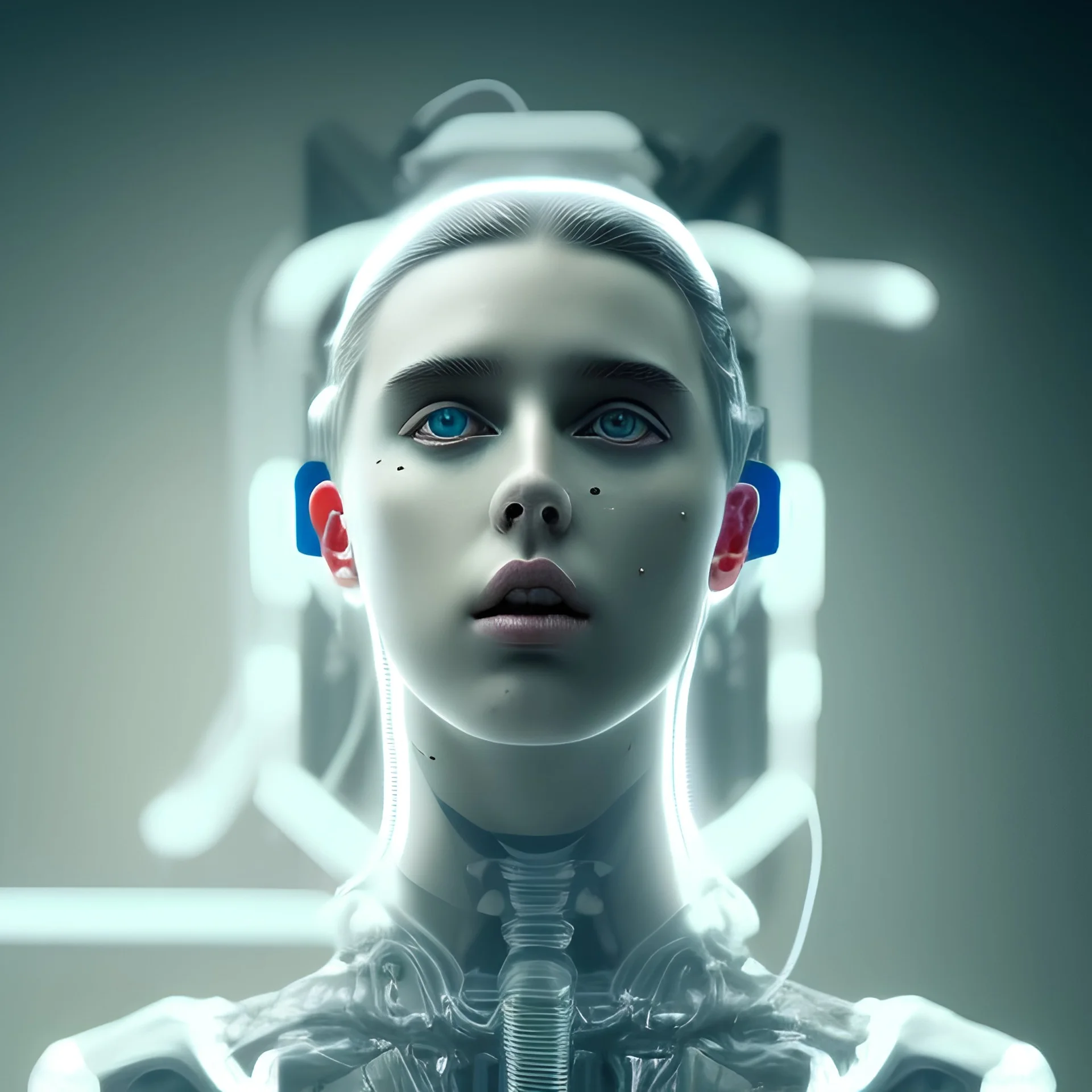 singer Danish MØ face, lumen lighting, led lights, <hanging wires> many wires connected to the head<perfect pupil> <cyborg> <garage> <sci-fi futuristic>